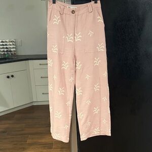 Zara Pink Wide Leg Pants with Cream Embroidery